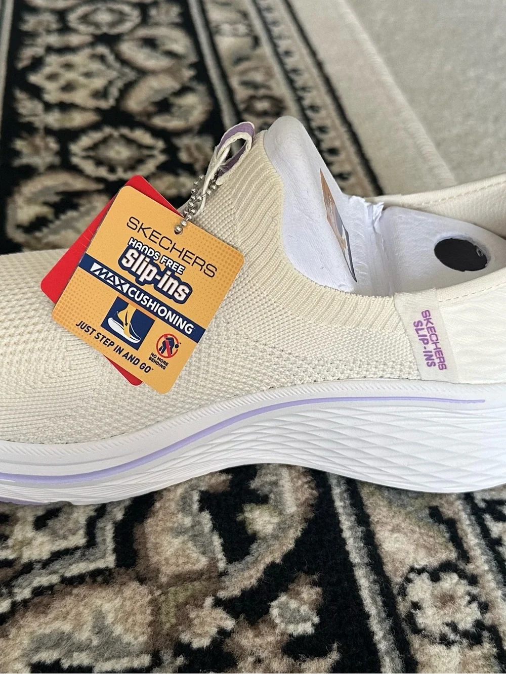 Skechers Women's Slip-On Knit Sneakers in Cream with Lavender Accents